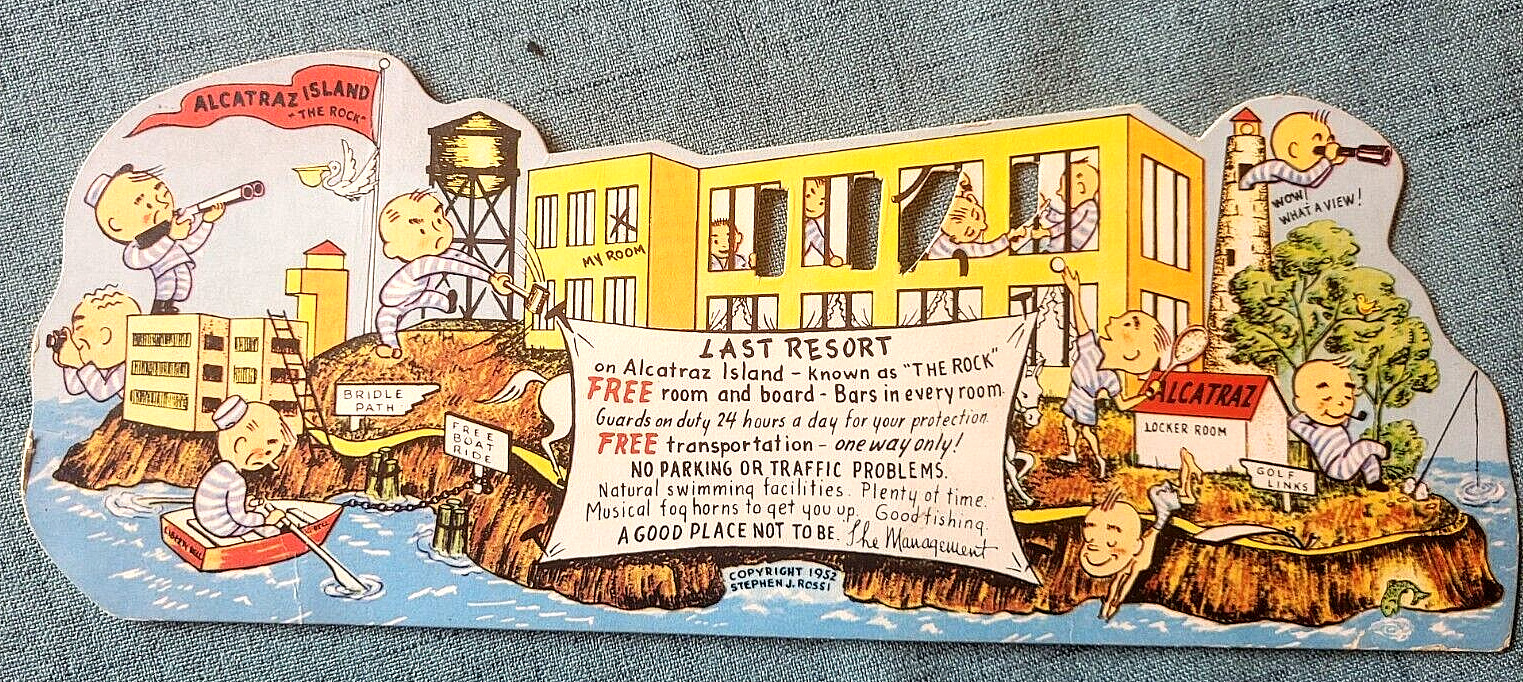 c1952 Oversize Die Cut Postcard Alcatraz Island Prison Last Resort Inmates