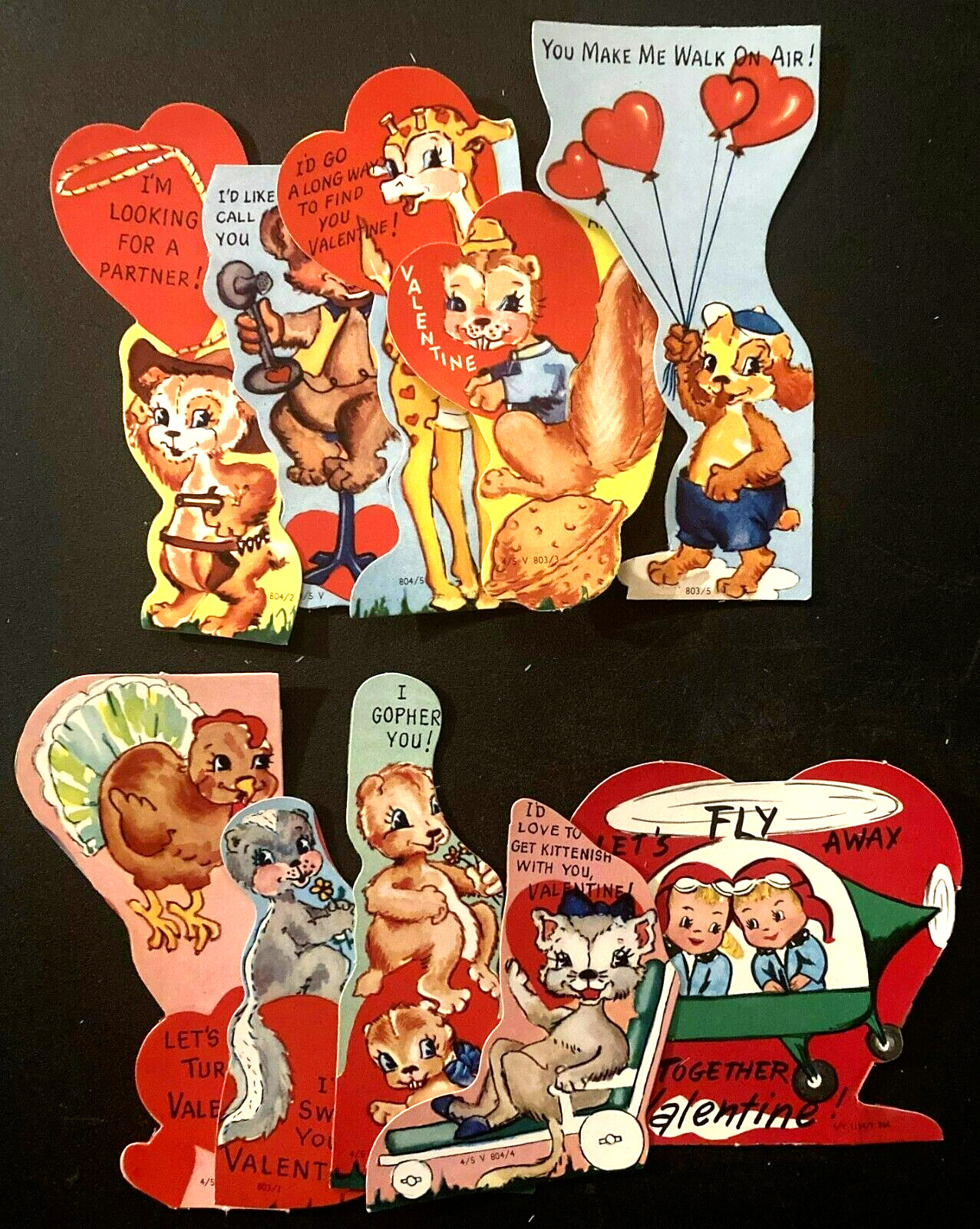 Vintage 10 Piece Small Die-Cut Childrens Valentines Superb Graphics c-1950s  NOS
