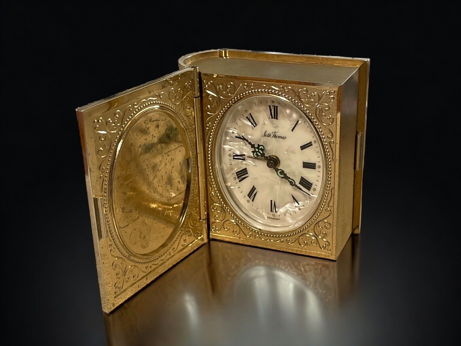 Seth Thomas Miniature Book Alarm Clock with Mother of Pearl Dial