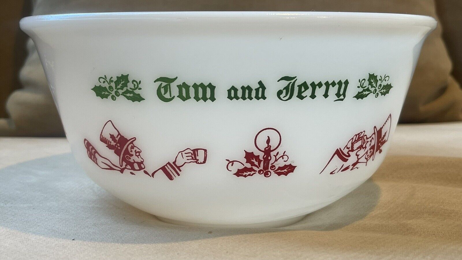Vintage Hazel Atlas Tom and Jerry Mixing/ Punch Bowl Red Green and White