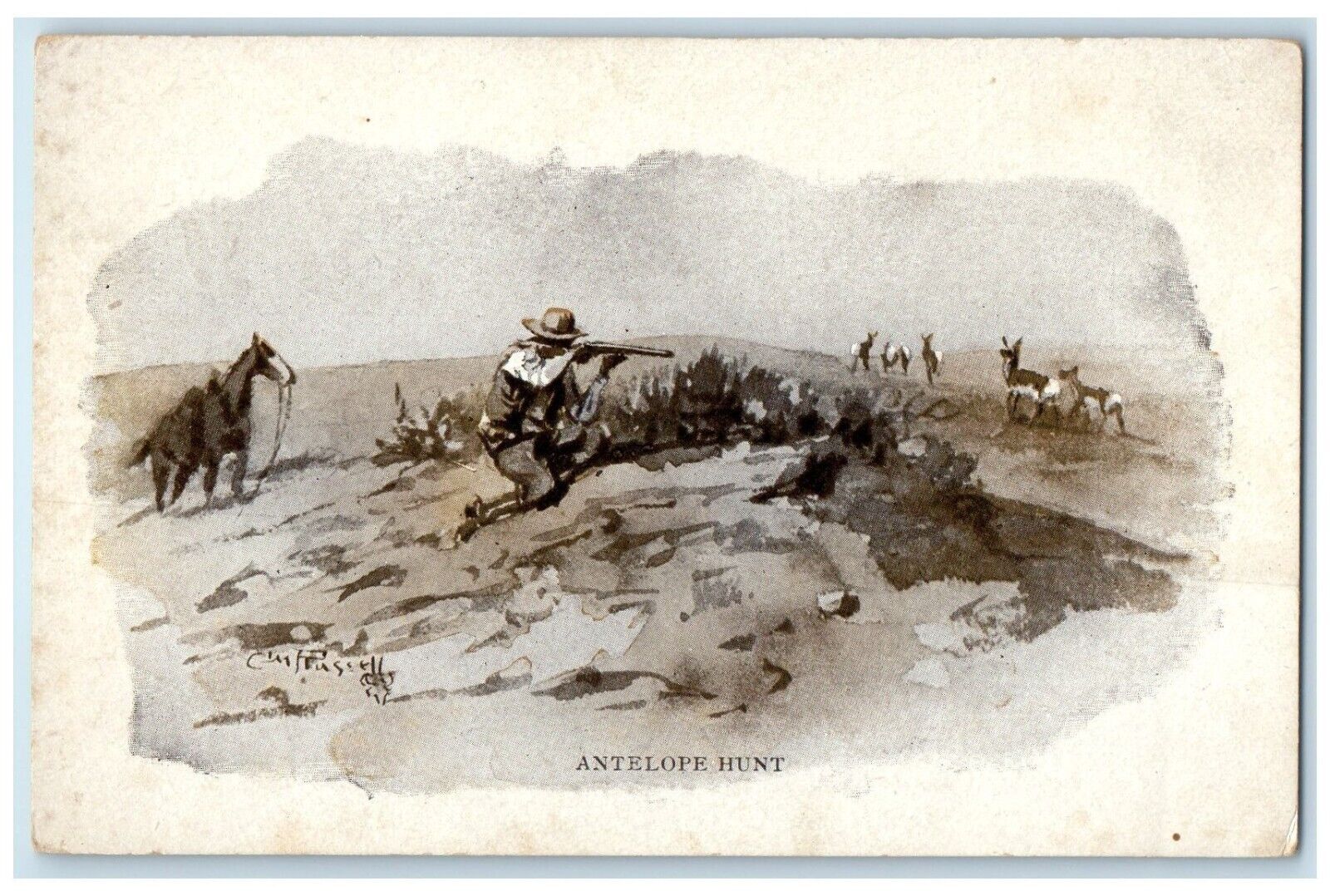 c1910\'s Antelope Hunt Deer Charles Russell Artist Signed Antique Postcard