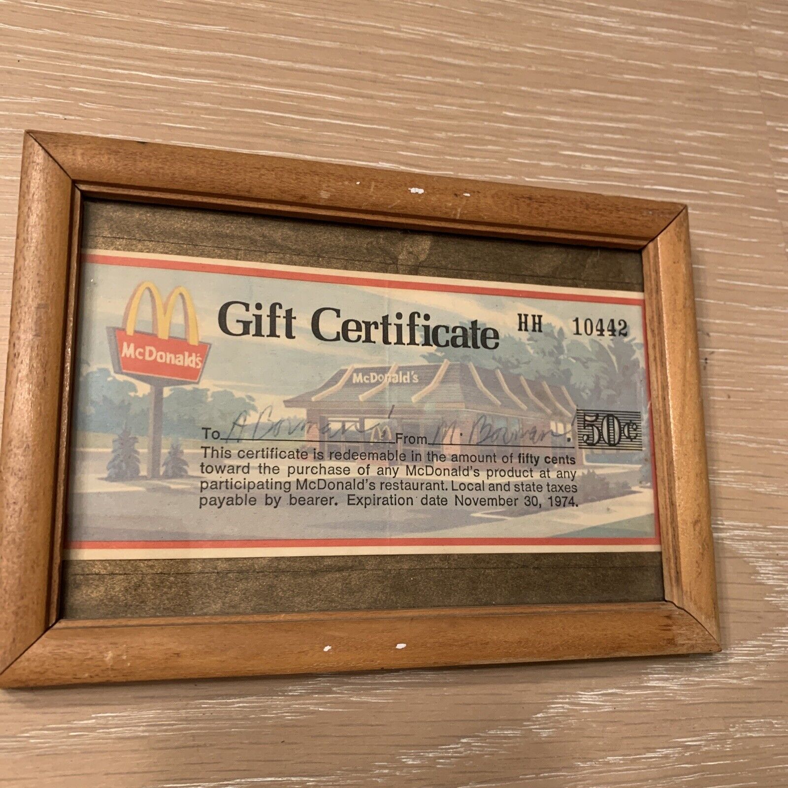 Vintage Framed 1974 Mcdonalds 50 Cent Gift Certificate Standard Frame