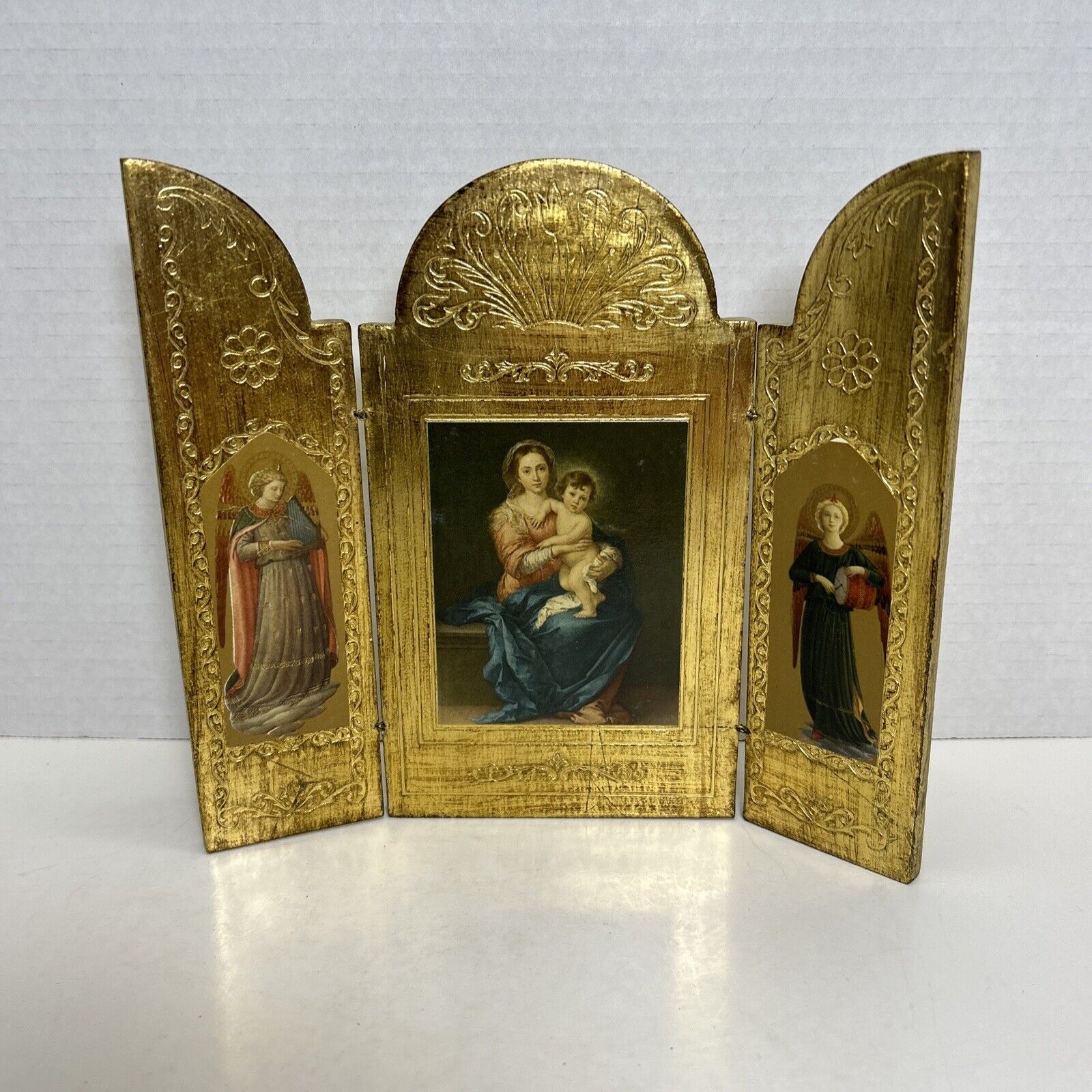 Vtg Madonna and Child Triptych Florentine Icon Gold Gilt Wooden Roma Italy  8x8”