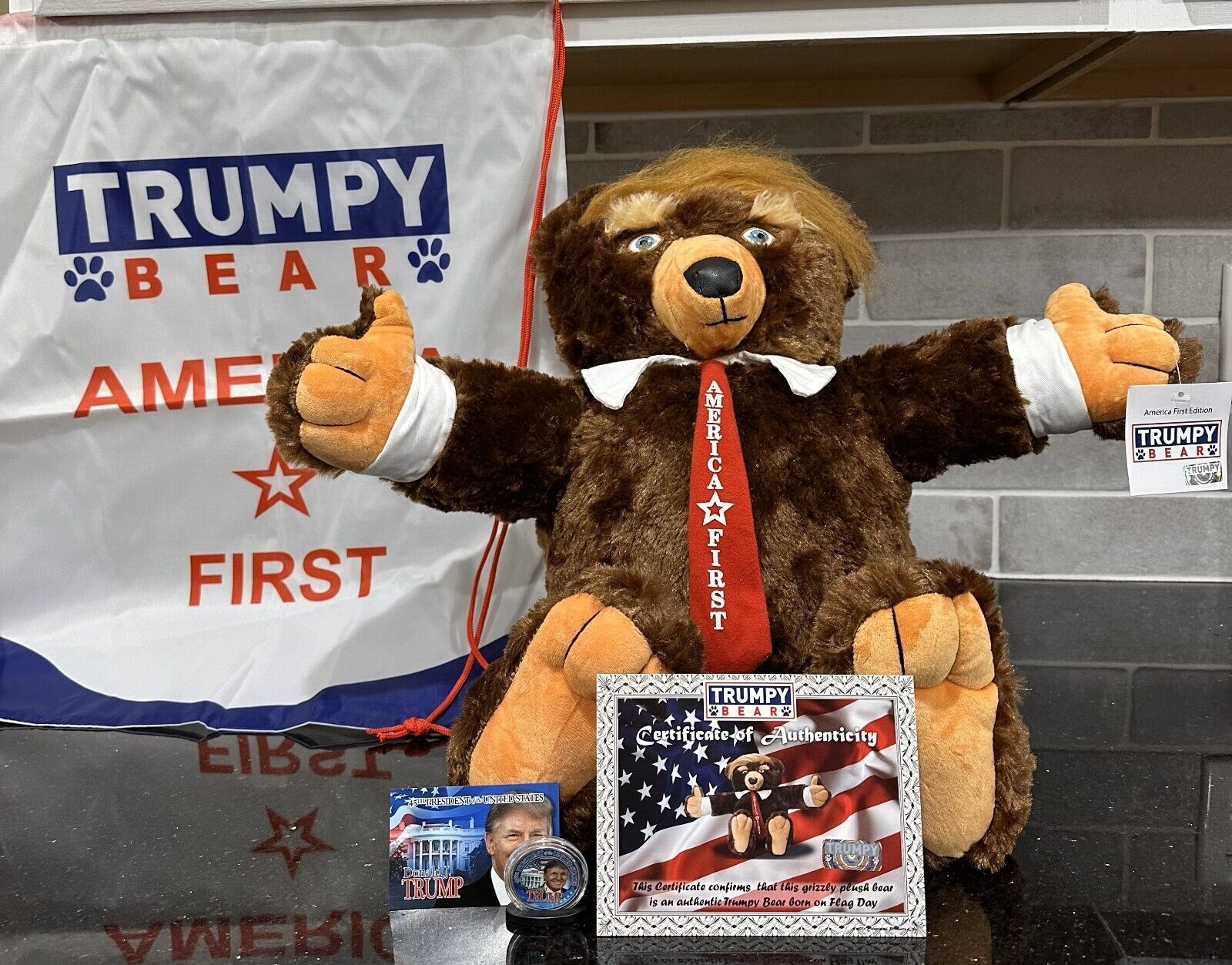 Trumpy Bear with Limited Edition Coin, Bag, Certificate of Authenticity RARE
