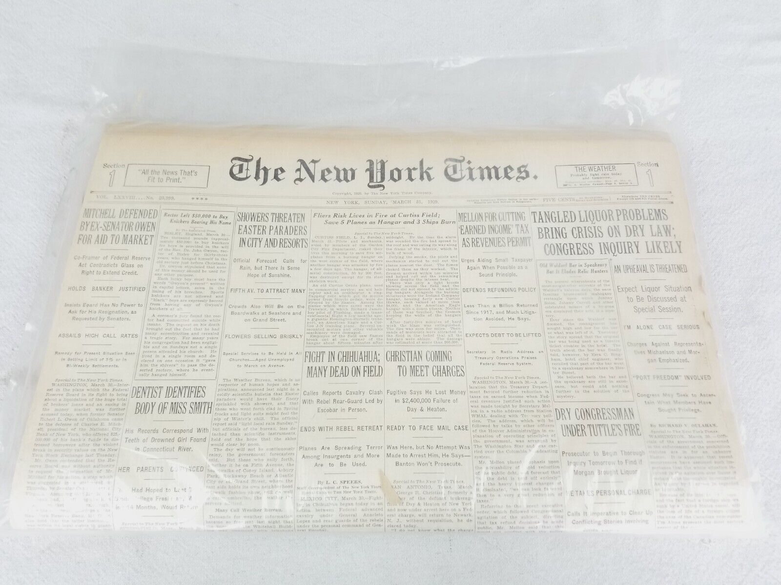 New March 31, 1929 Sealed The New York Times News Paper Vintage 