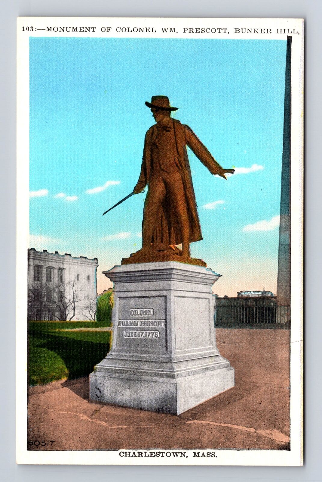 Charleston MA- Massachusetts, Monument Of Colonel WM Prescott, Vintage Postcard