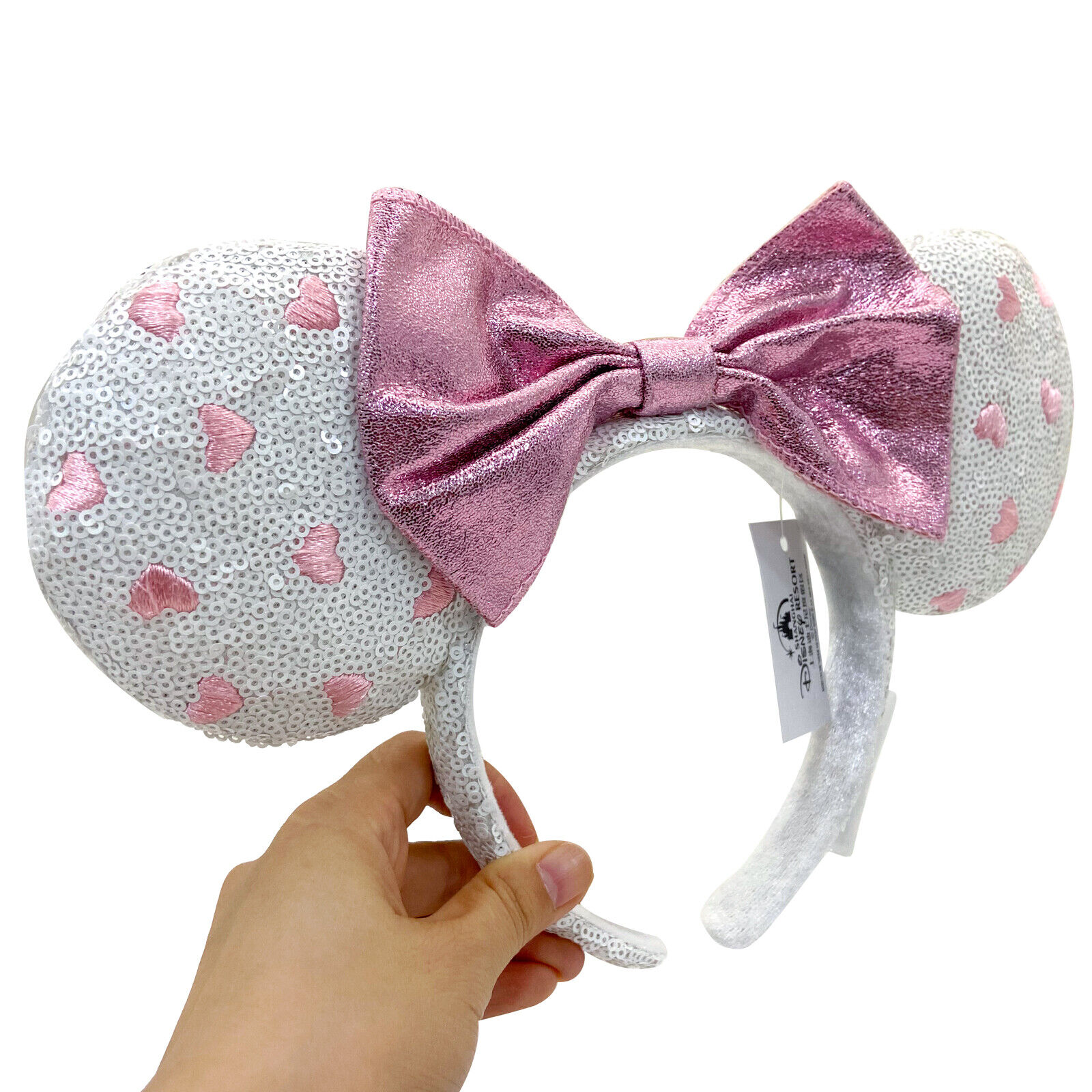 DisneyParks White Sequin Pink Heart Minnie Mouse Bow Sequins Ears Headband Ears