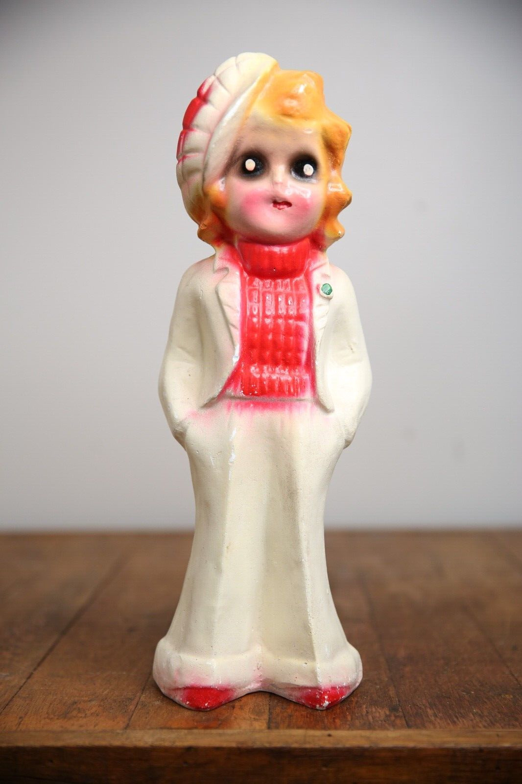 Vintage Chalkware Girl Carnival Prize figure hat jacket bellbottoms creepy scary