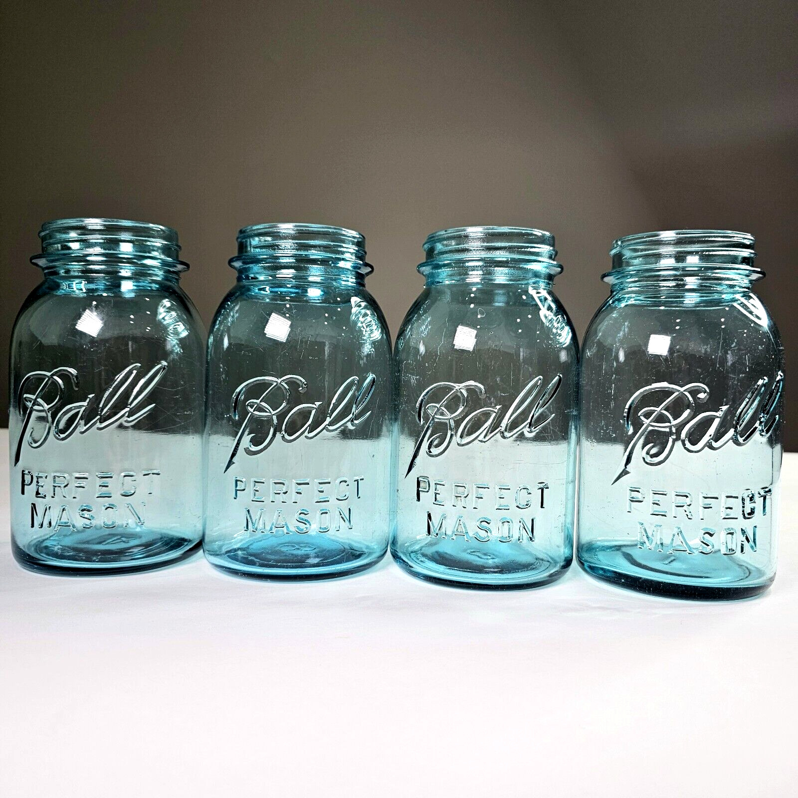 4 Antique 1922-33 Ball PERFECT MASON Quart Jar Regular Mouth Blue Glass Décor