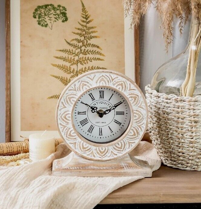 Hand Carved Wood Table Clock, Shelf Desk Top Clock Batterry Operated BoHo...