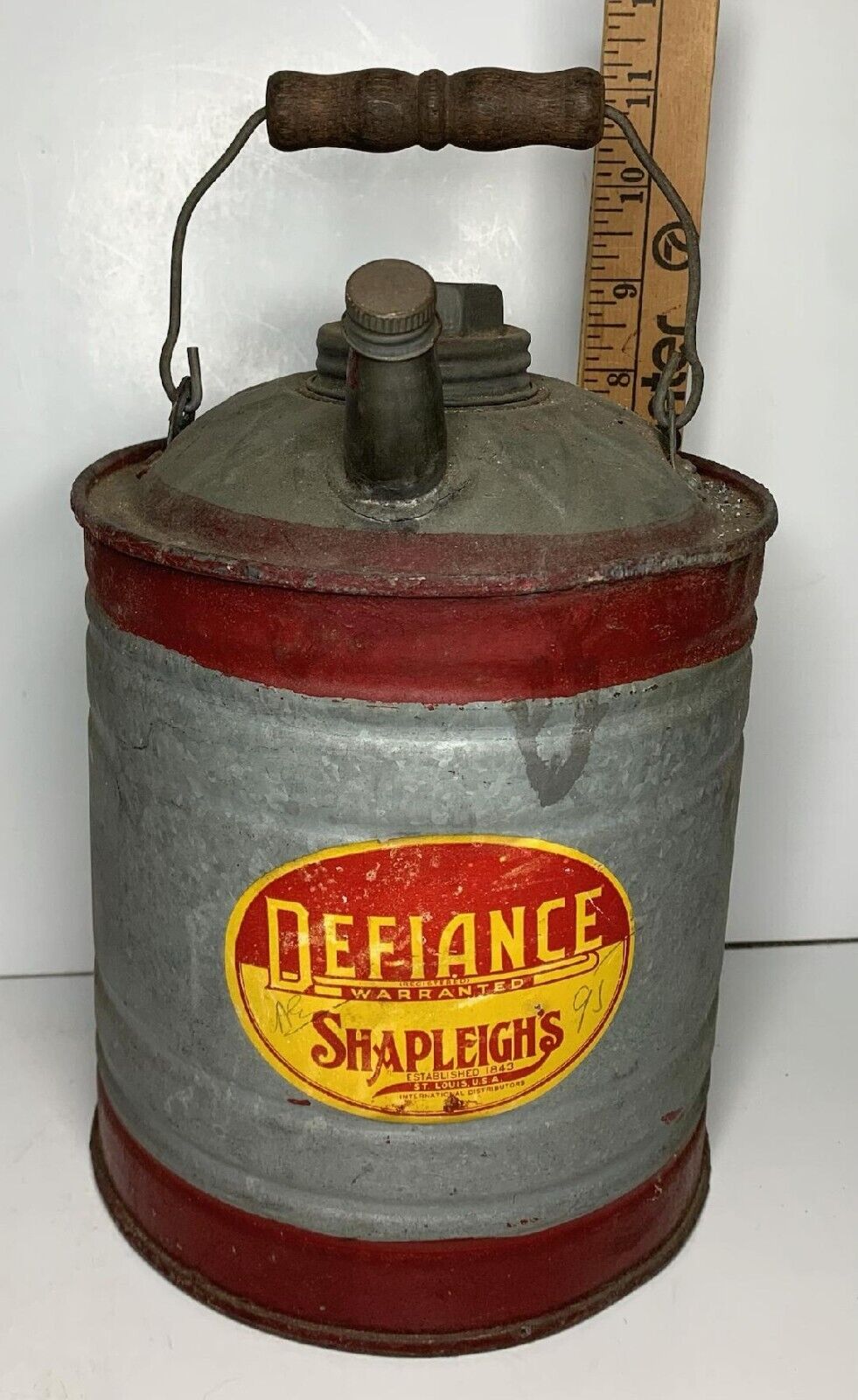 Vintage DEFIANCE SHAPLEIGH'S  *Rare 1 Gal  GAS UTILITY CAN ADVERTISING  St LOUIS