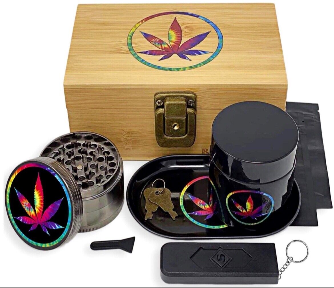 and Smell Proof Jar Tie Dye Stash Box with Rolling Tray Grinder Perfect Gift 