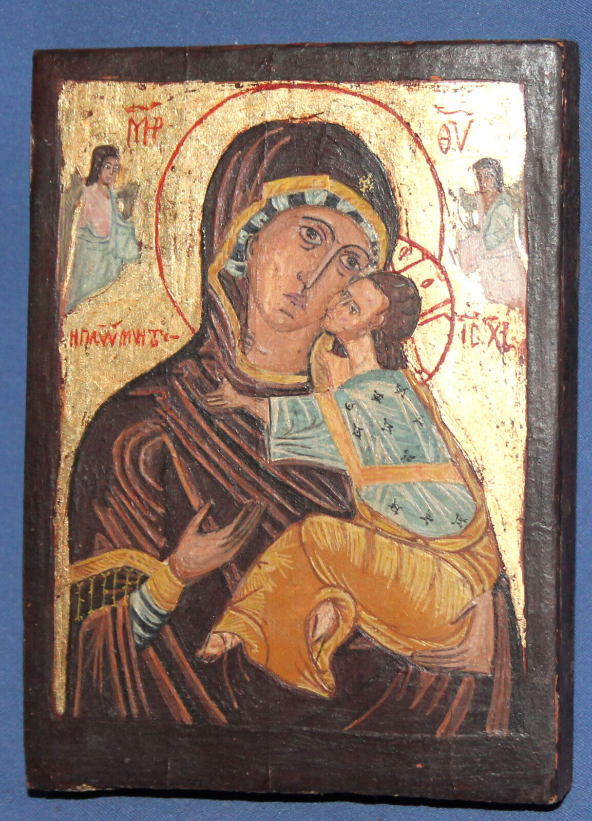 SMALL HAND PAINTED TEMPERA/WOOD ORTHODOX ICON JESUS CHRIST CHILD AND THE VIRGIN