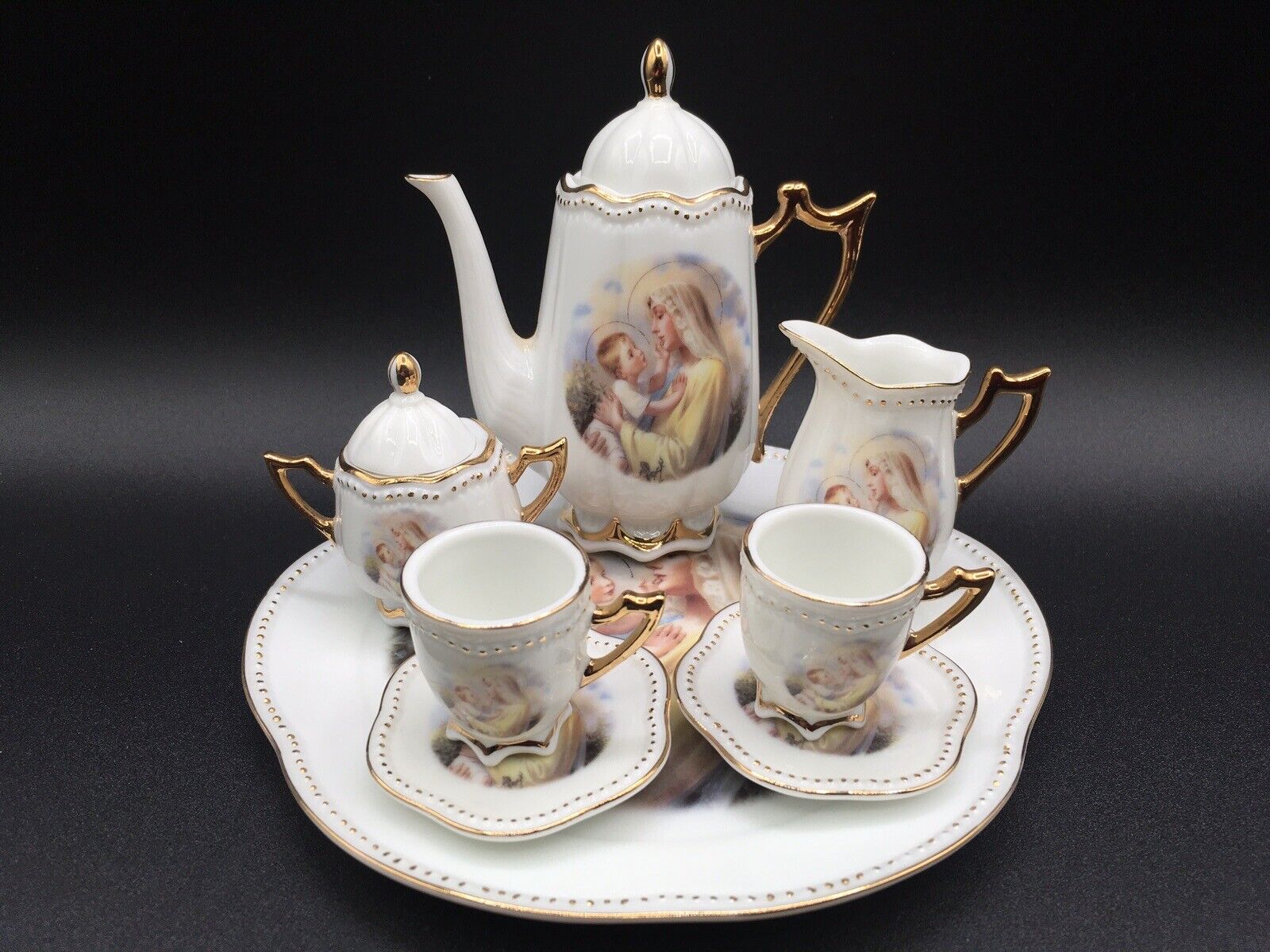 Childs Porcelain Religious Miniature Tea Set Madonna with Child Doll Set Gilded