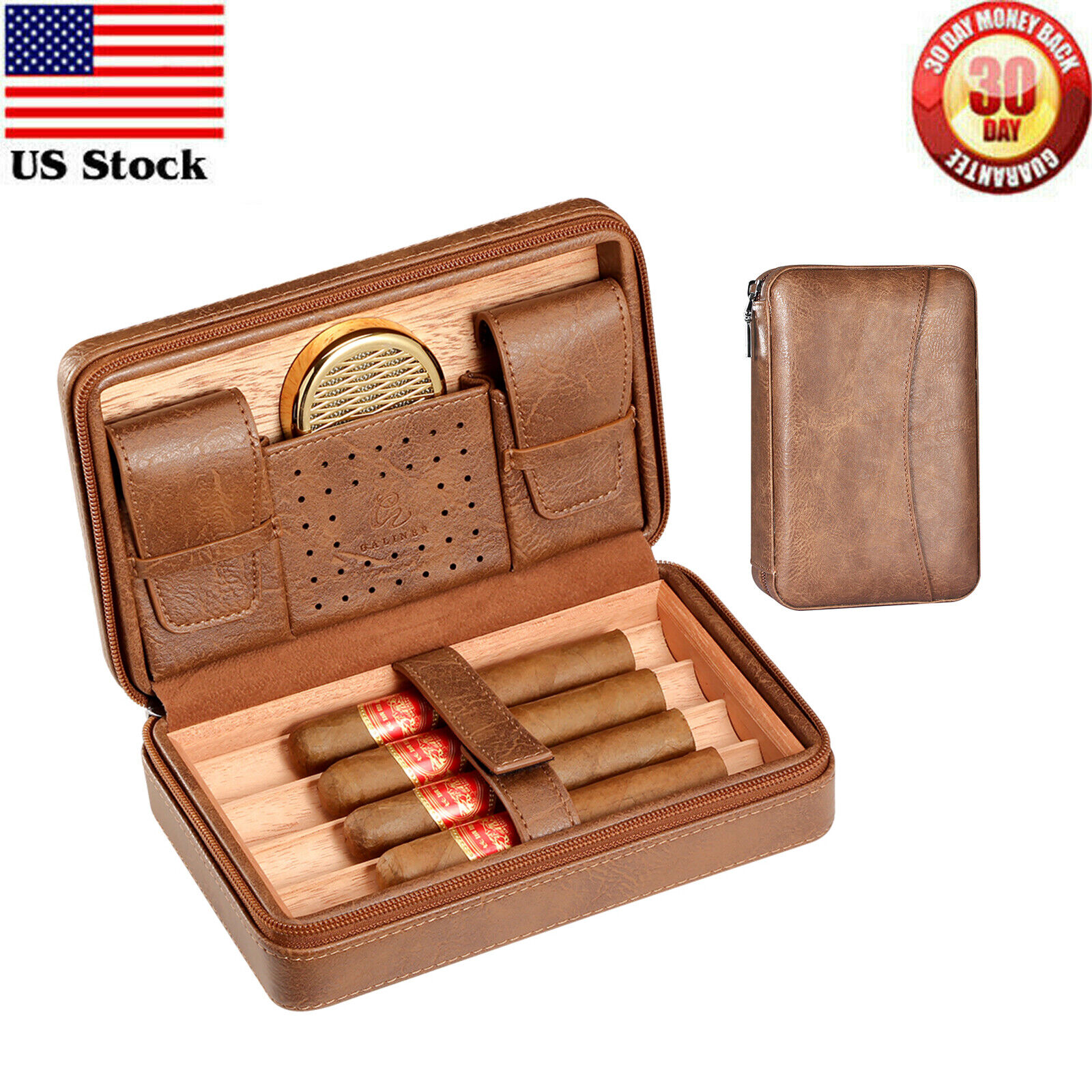 Galiner Travel Cigar Humidor Case Cedar Wood Humidity Box Leather Holder 4CT