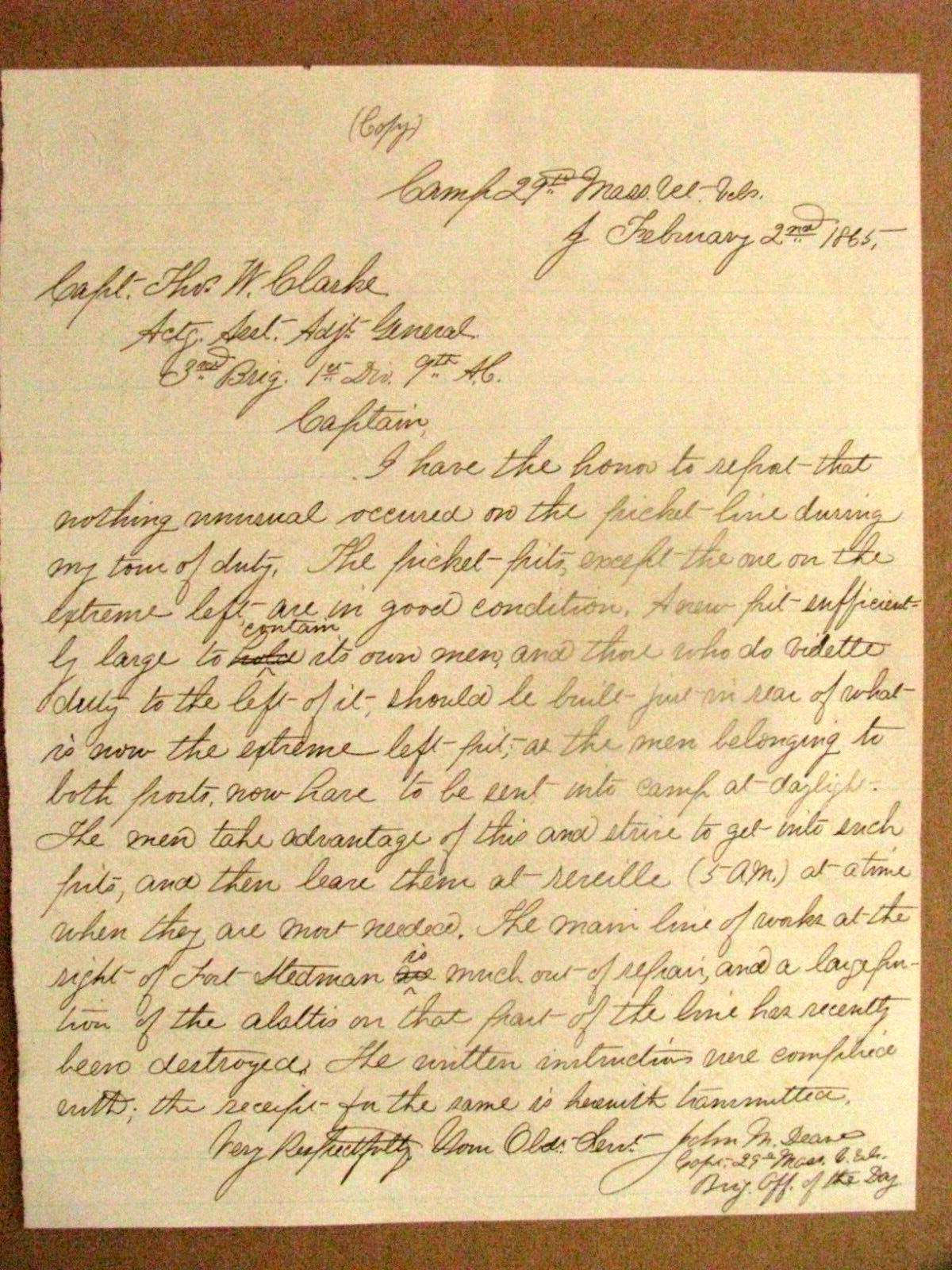 CIVIL WAR FORT STEDMAN PETERSBURG LETTER 29TH MASSACHUSETTS 1865