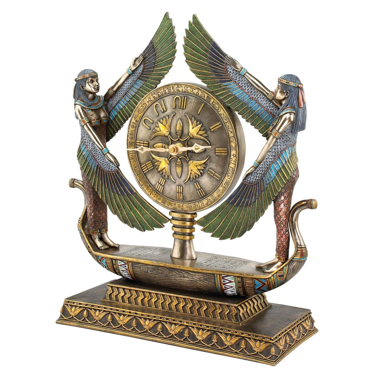 Hieroglyphic Numeral Double Winged Isis Goddess Egyptian Barge Desk Mantle Clock