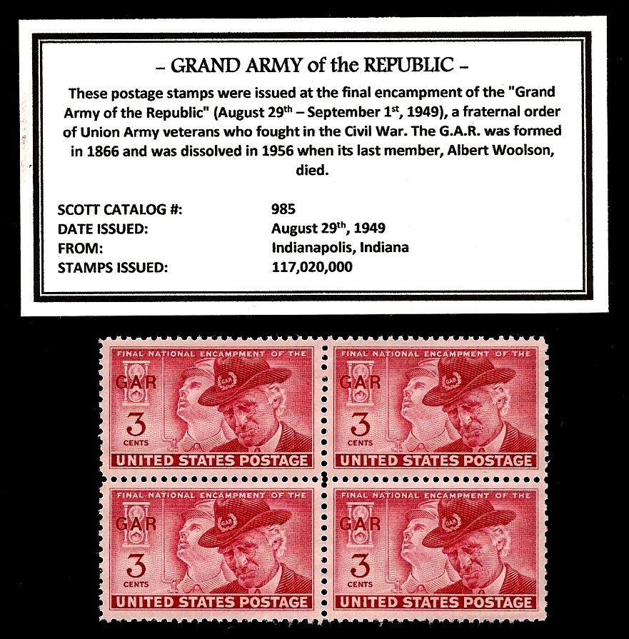 1949 - GRAND ARMY of the REPUBLIC (GAR) -Mint Block of 4 Vintage Postage Stamps