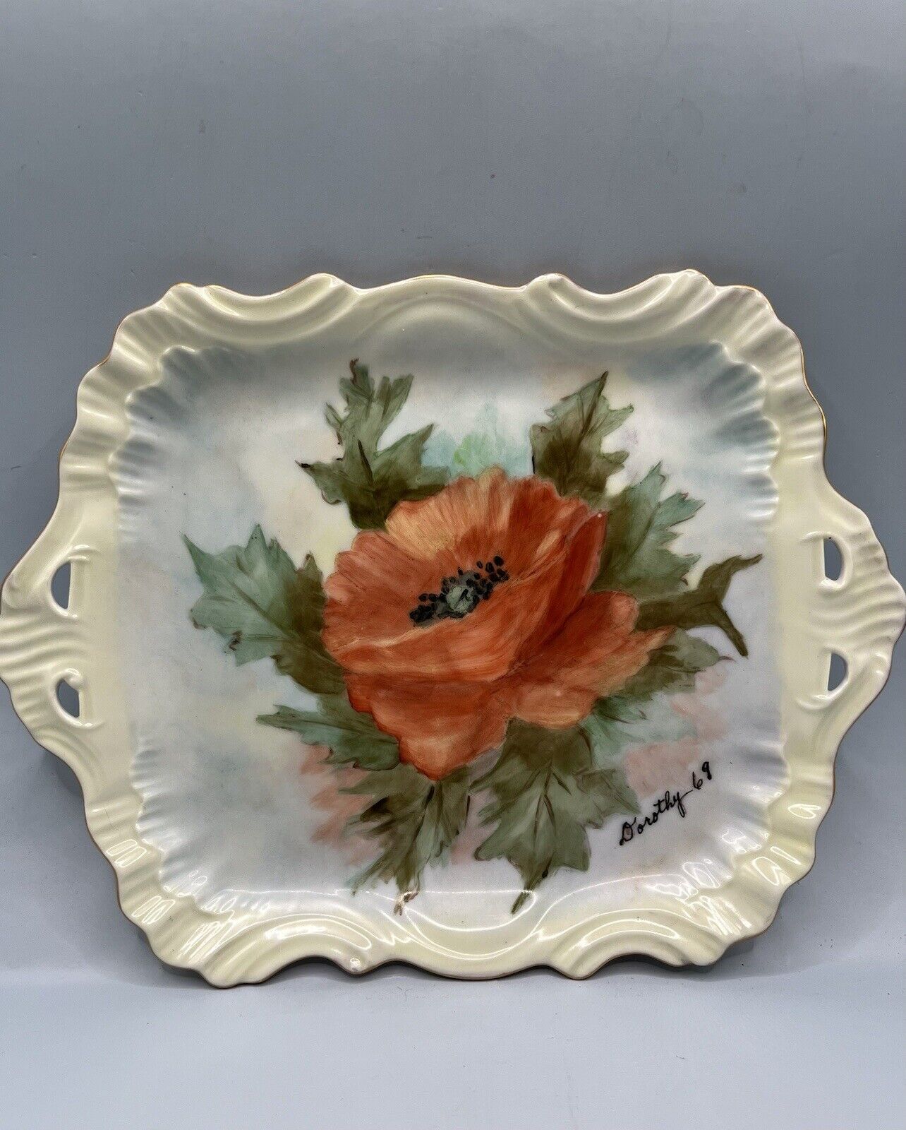 Hand Painted Porcelain Decorative Plate  Poppy Dorothy Owen Artist 1969