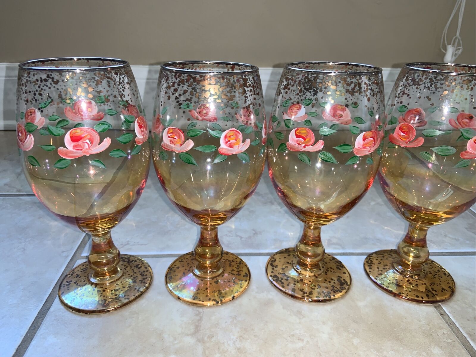 NWT NEIMAN MARCUS Made In Italy Hand Painted Amber Floral 24 k Gold Glassware