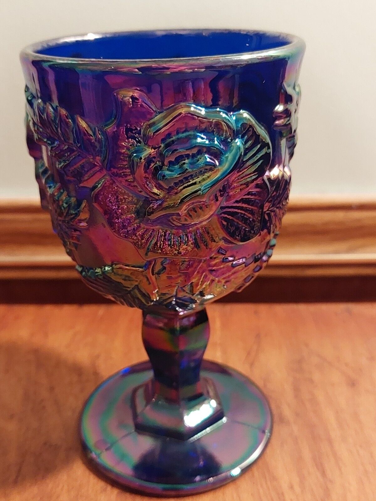Madonna Inn Goblet Floral Rose Blue Luster Carnival Glass Water Goblet 
