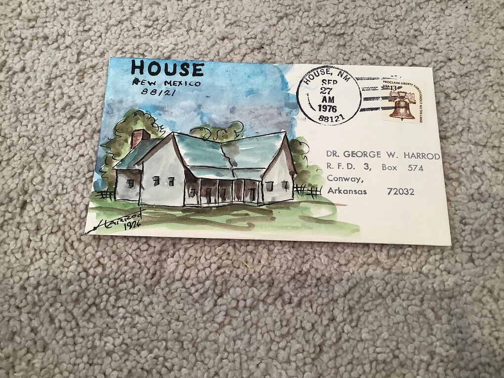 1976 HOUSE New Mexico : Signed FOLK ART WATERCOLOR Postal Cover GEORGE HARROD