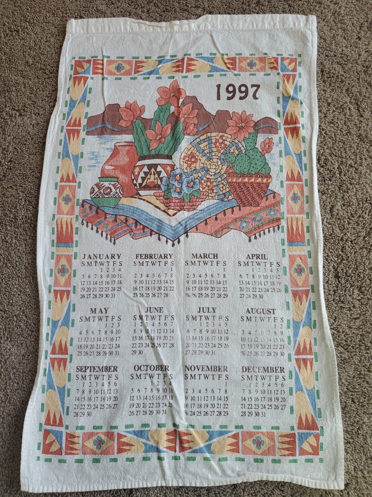 1997 Vintage Calendar Kitchen Towel Mexican Style Pottery 