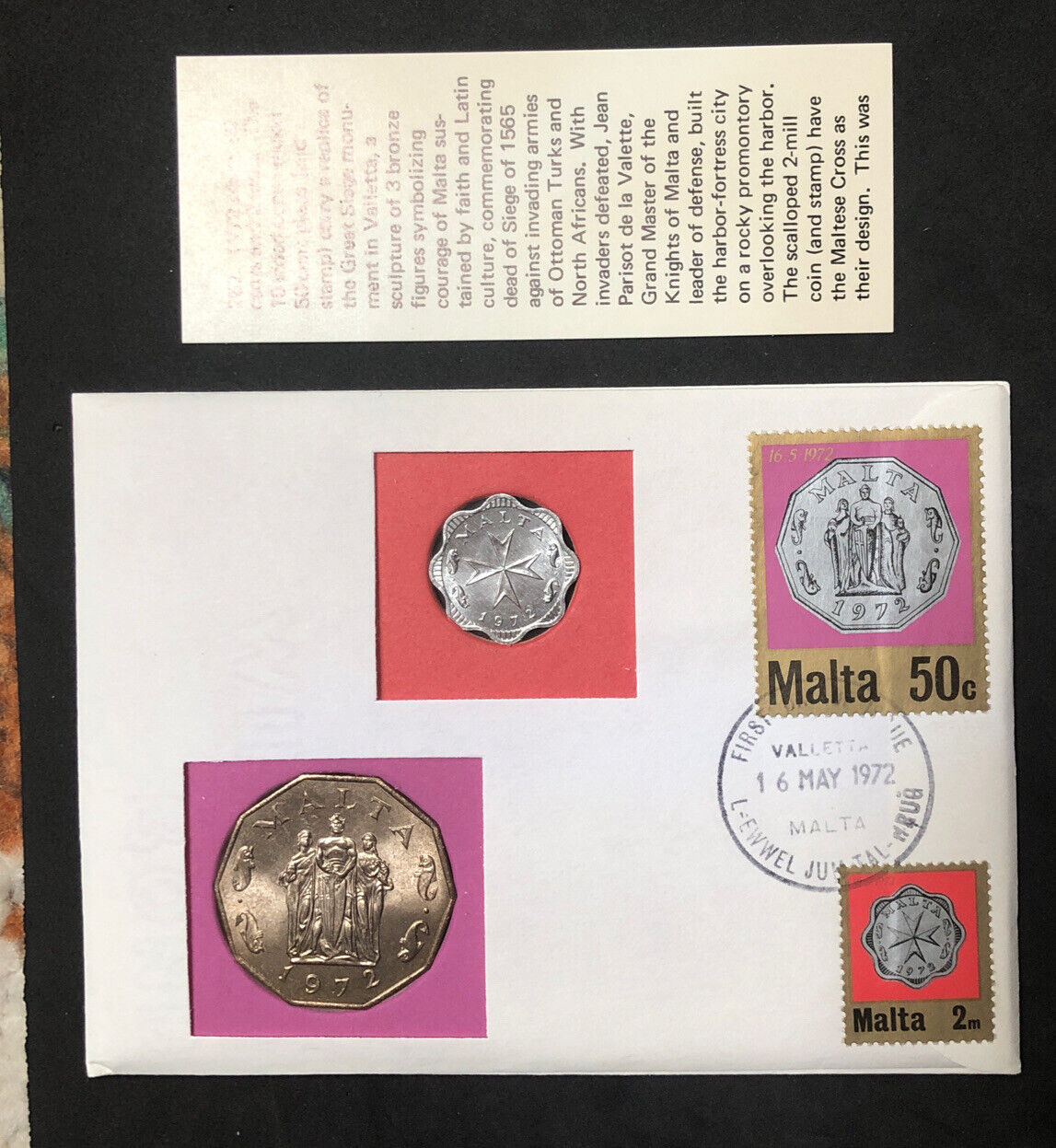 1972 #267 99 COMPANY FIRST DAY FIRST ISSUED MALTA 50 CENT & 2 MILLS WITH STAMPS