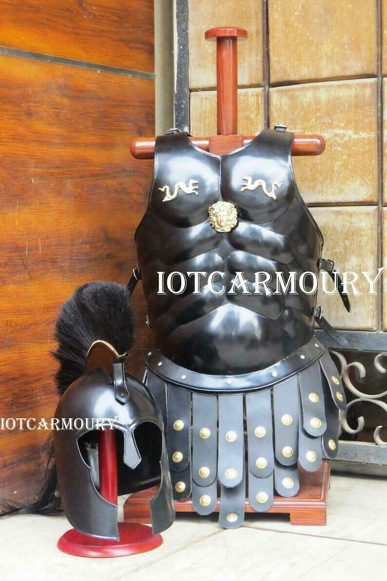Antique Handmade Roman Muscle Armor with Troy Greek Trojan Medieval Helmet Black