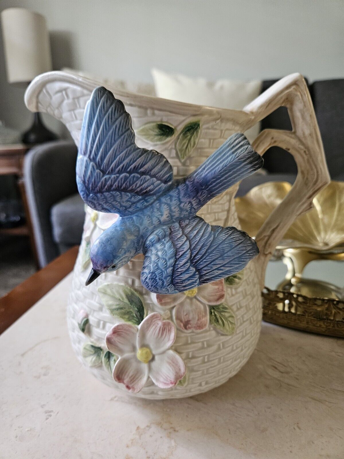 FITZ & FLOYD BLUEBIRD DOGWOOD FLOWER WOVEN DESIGN PITCHER Vase 1990 Beautiful 