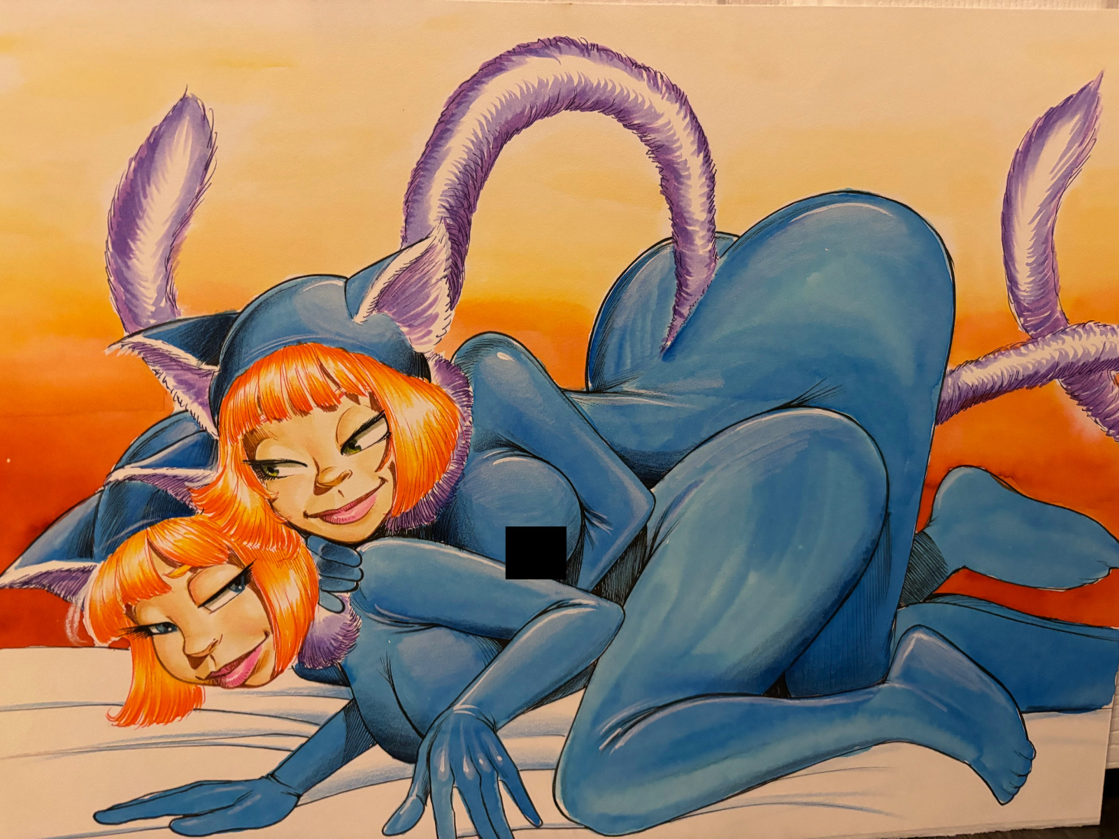 Comic artist Barry Blair original 12 x 16 painting - Sexy Catgirl/Cat Girl Twins