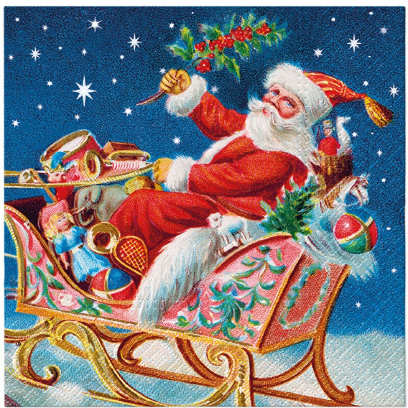 (2) Christmas Decoupage Paper Napkins Vintage Santa Sleigh Luncheon Napkin - TWO