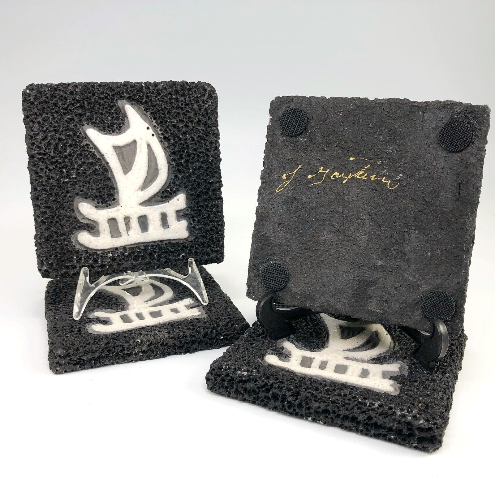 4 Aloha Raku Pottery Lava Coasters Set Javier Gaytan Hawaiian Petroglyph Canoe