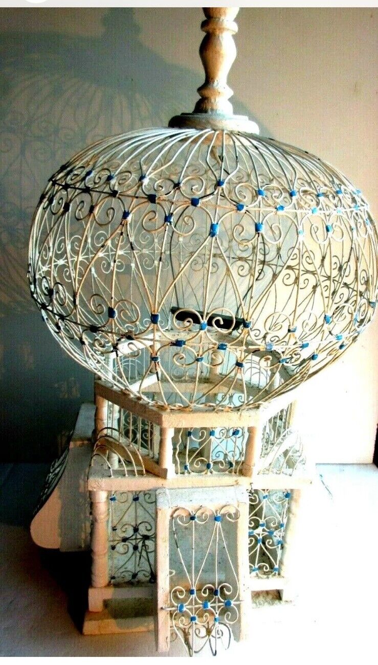 Vintage Tunisian Bird Cage, wire and white wood, circa 1950 EUC