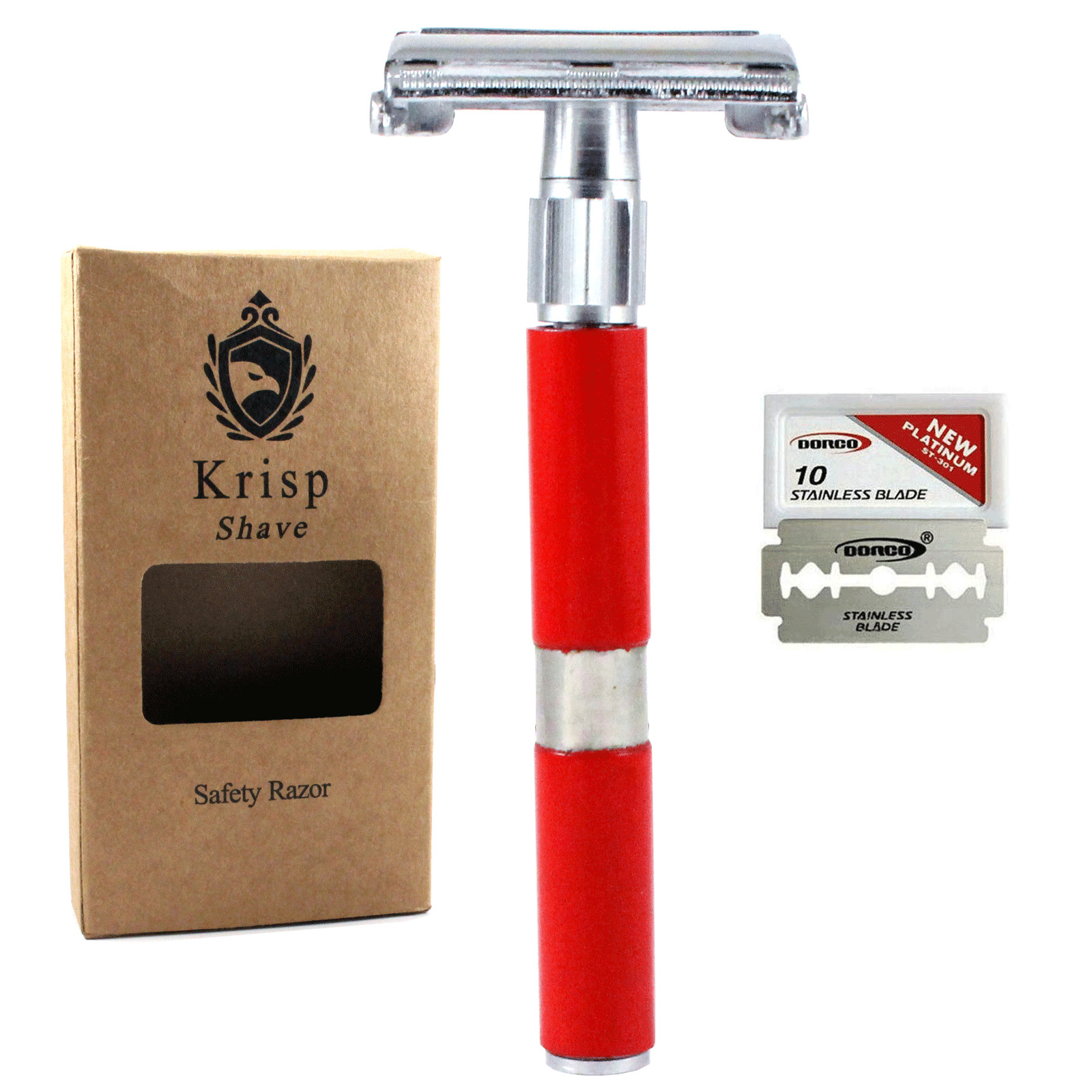 LONG HANDLED DOUBLE EDGE BUTTERFLY OPEN SAFETY RAZOR FOR MEN WOMEN + 5 BLADE RED