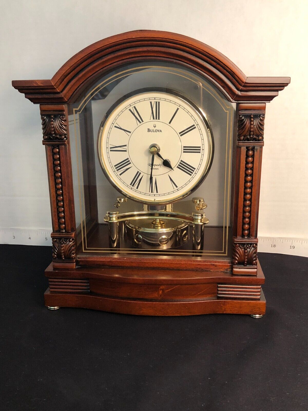 BULOVA Mantel Clock in Classic Walnut Wood Finish and Shiny Polished Brass parts