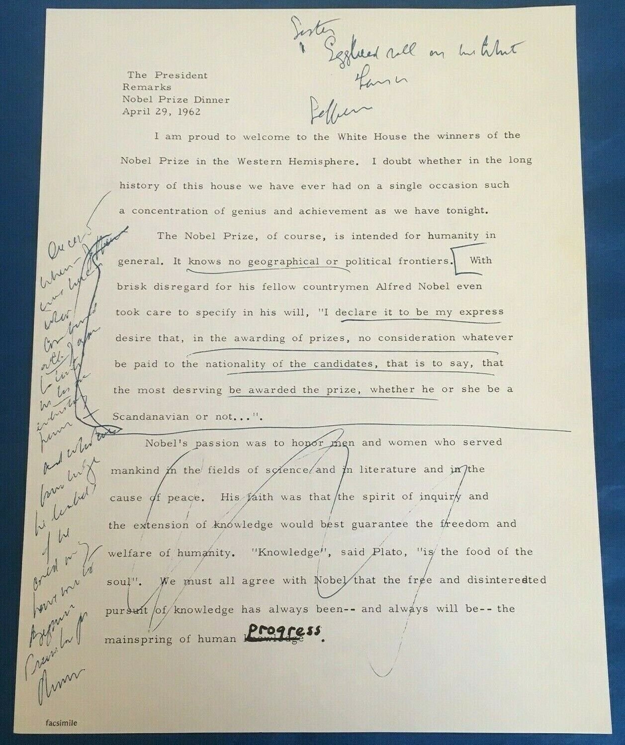 John F Kennedy Speech Notes 1962 Nobel Prize Dinner Quarantine Press Release