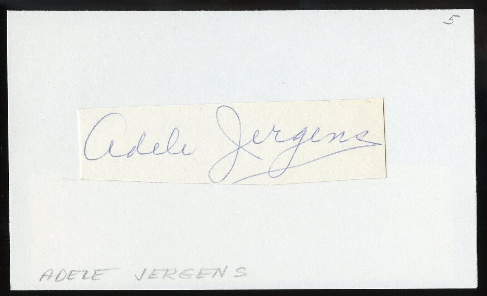 Adele Jergens d2002 signed autograph 3x5 Cut American Actress in Star and Garter