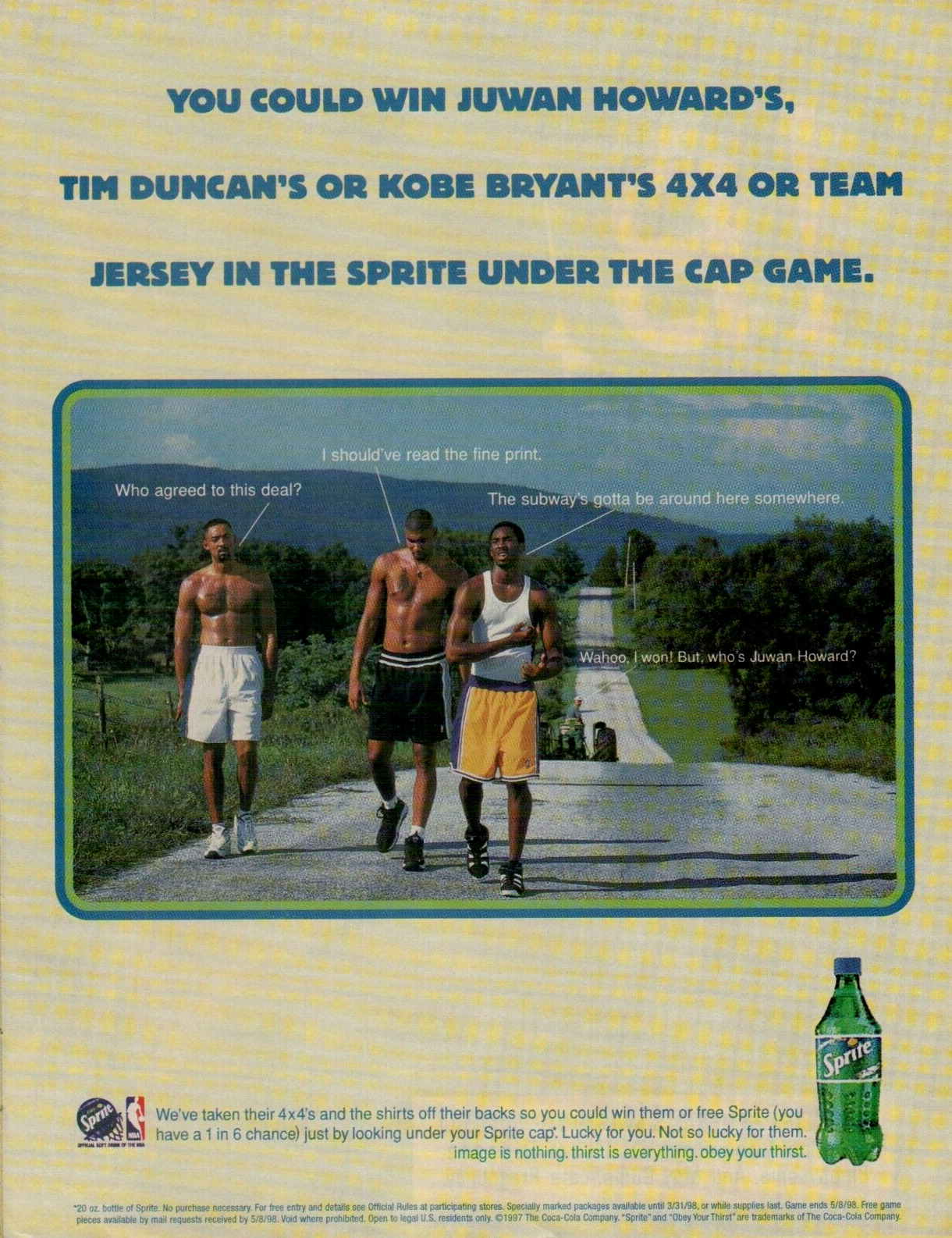 1997 Sprite NBA Cap Game Kobe Bryant Tim Duncan Juwan Howard VINTAGE PRINT AD