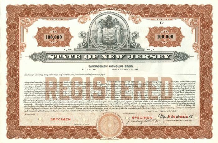 State of New Jersey - $100,000 - Bond - Specimen Stocks & Bonds