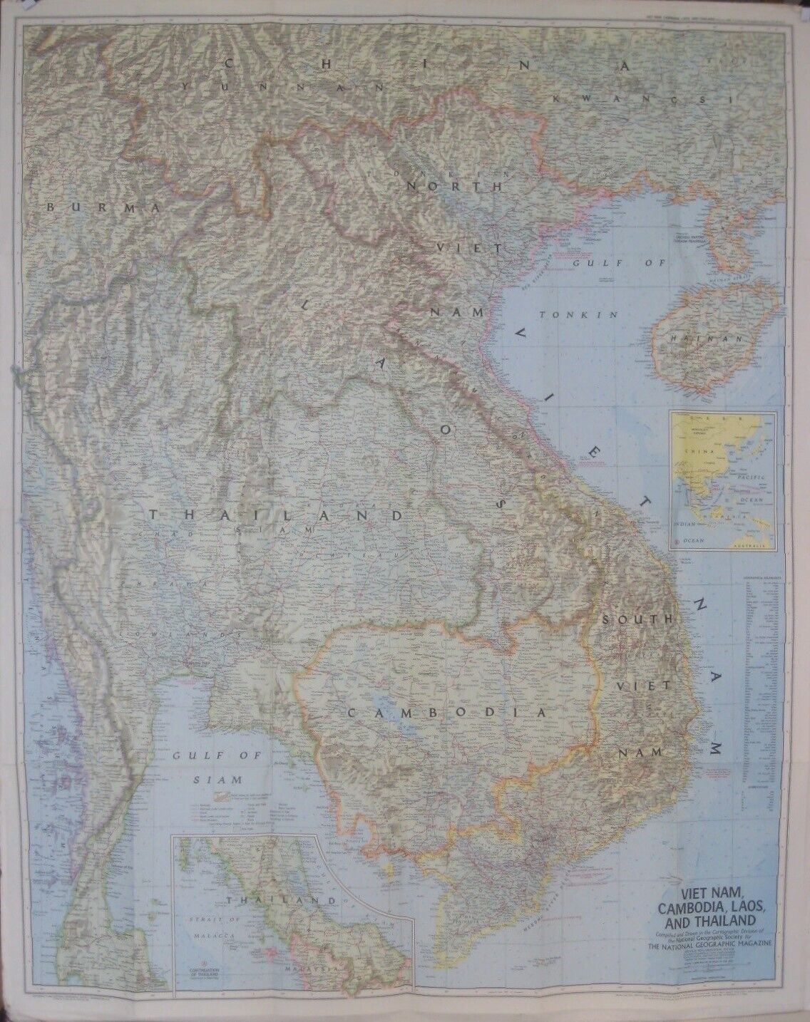 Large 1967 Map VIETNAM LAOS CAMBODIA THAILAND Khe Sanh Da Nang Saigon Hanoi Hue