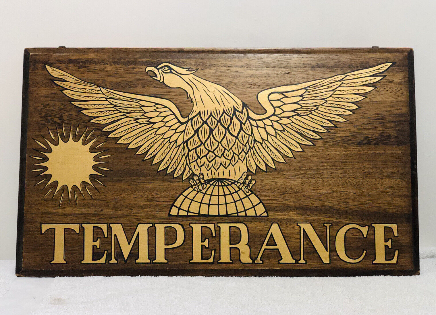 American Mid-Century Hand-Painted Oil On Wooden Panel Temperance