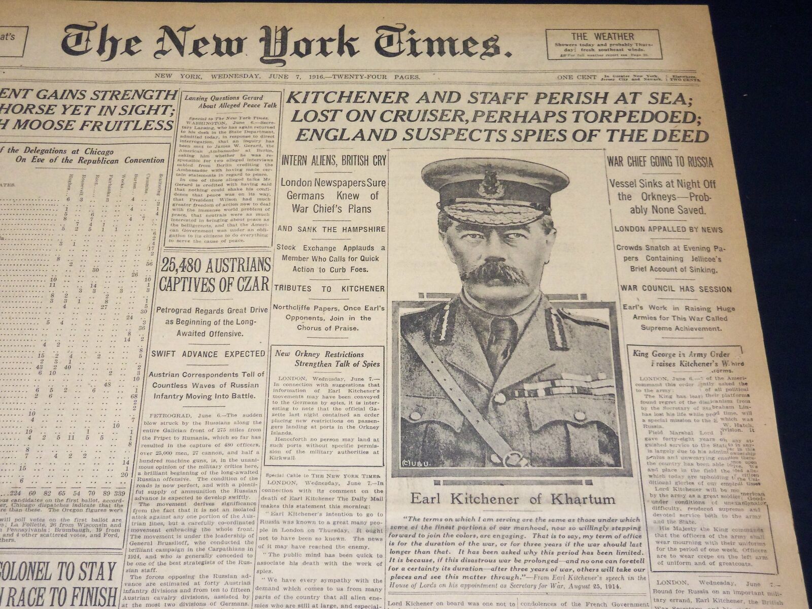 1916 JUNE 7 NEW YORK TIMES - KITCHENER AND STAFF PERISH AT SEA - NT 8607