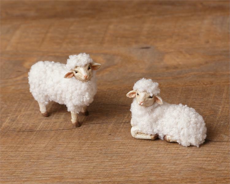 New Primitive German Antique Style SET 2 WOOL SHEEP FIGURINE Fluffy Lamb Figures