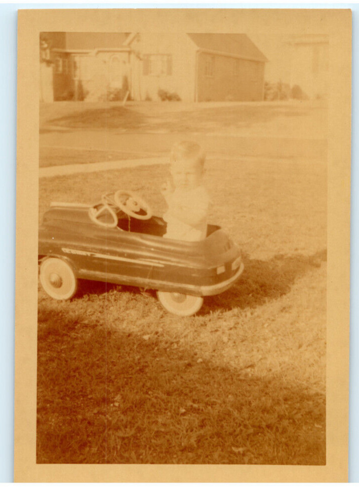 Vintage Photo 1951, Cute boy in Toy Car, on Lawn, 5x3.5