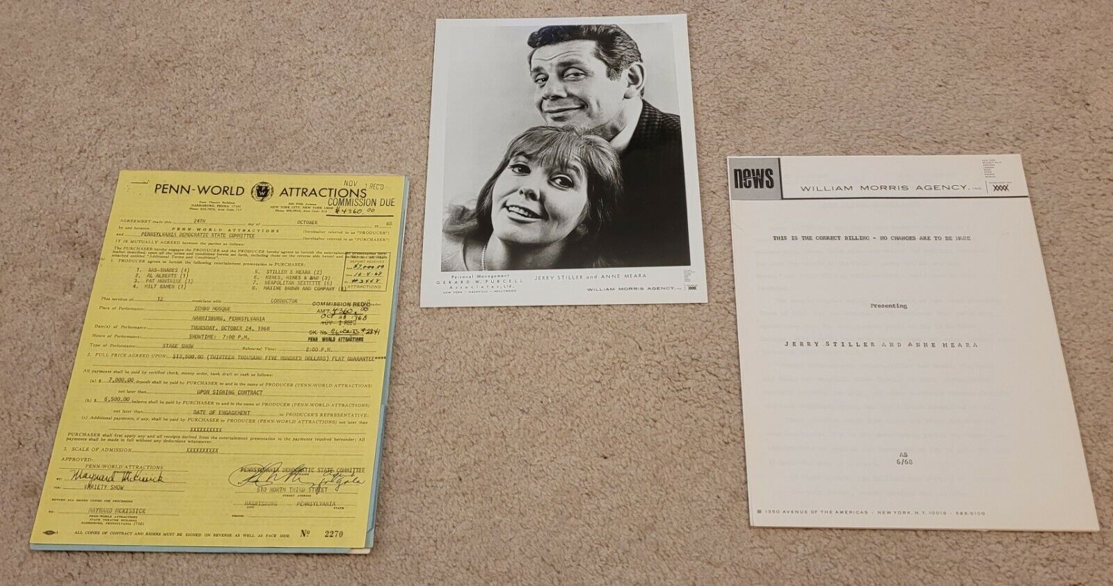 JERRY STILLER & ANNE MEARS SIGNED CONTRACT 1968 VERY YOUNG PRE SEINFELD