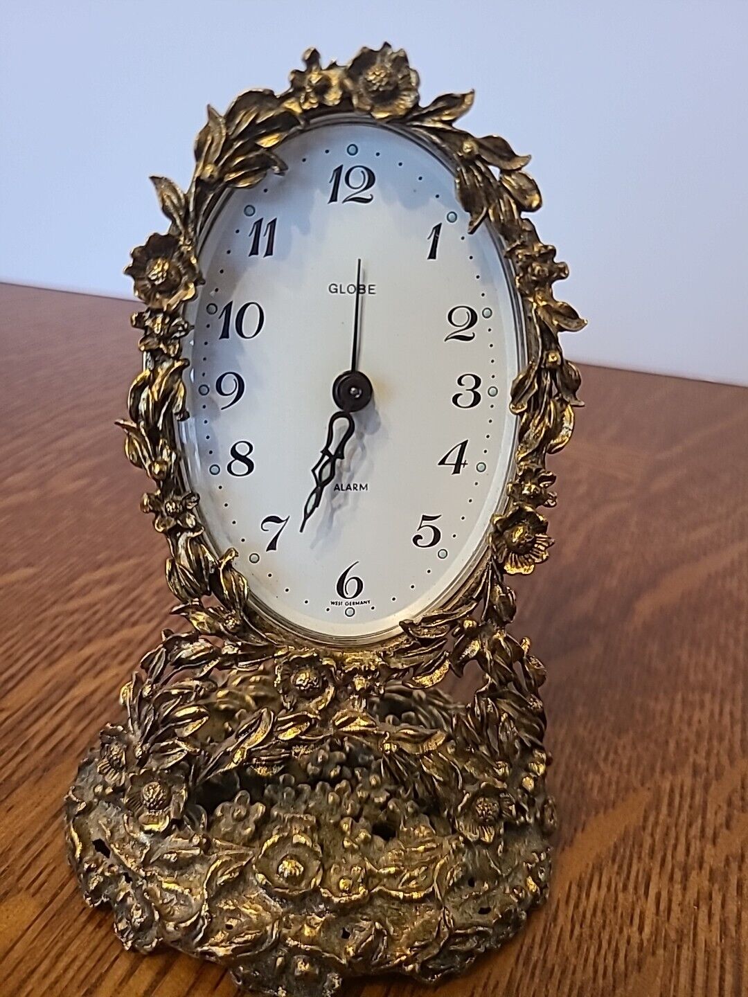 Antique German Gold Gilt Mantel Alarm Clock 24 KT GOLD PLATED Hands Dots Glow