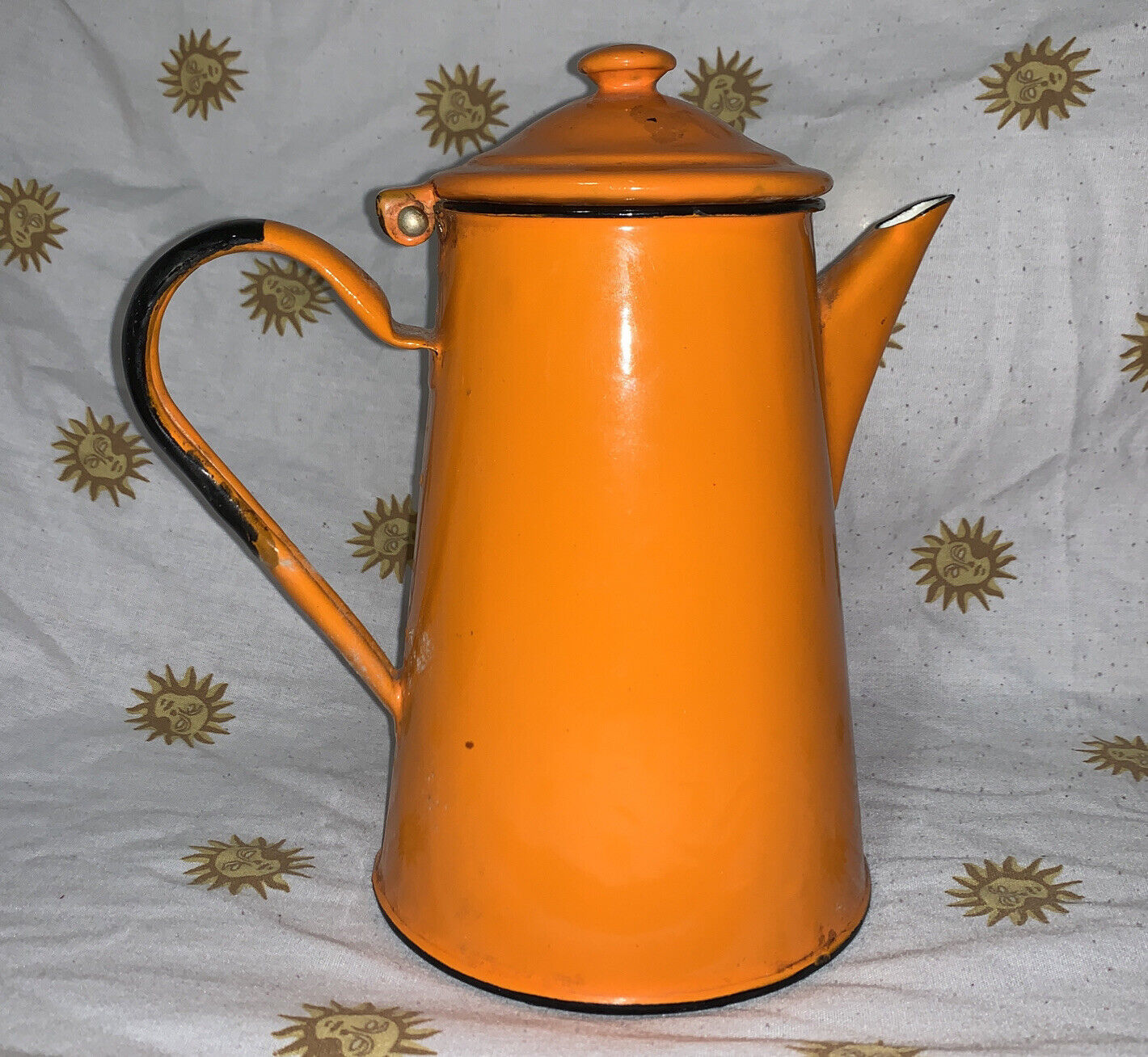 Vintage EnamelWare Metal TeaPot Coffee Kettle Orange Black Handle FarmHouse Deco