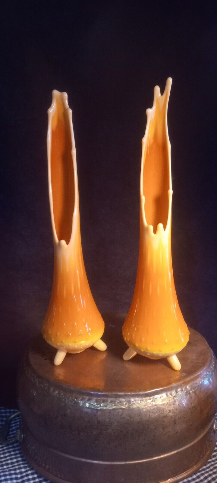 2 Mid Century Bittersweet Orange Swung  Vase Footed 3 Toe, 16.” Hobnail