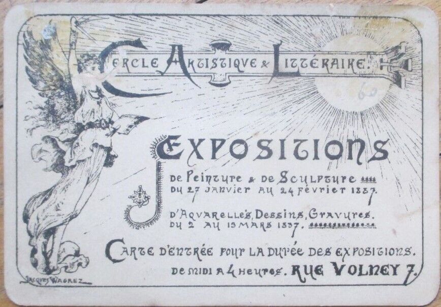 Jacques Clément Wagrez 1887 Art Exposition Entry Card, Artist Signed Art Nouveau